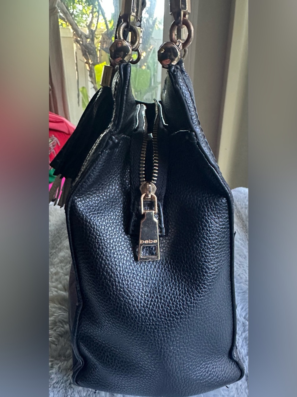 Bebe Natalie Braided Handle Black Faux Leather Satchel - Picture 8 of 13